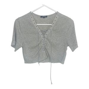 Y2K gray ribbed lace up cropped top T-shirt f